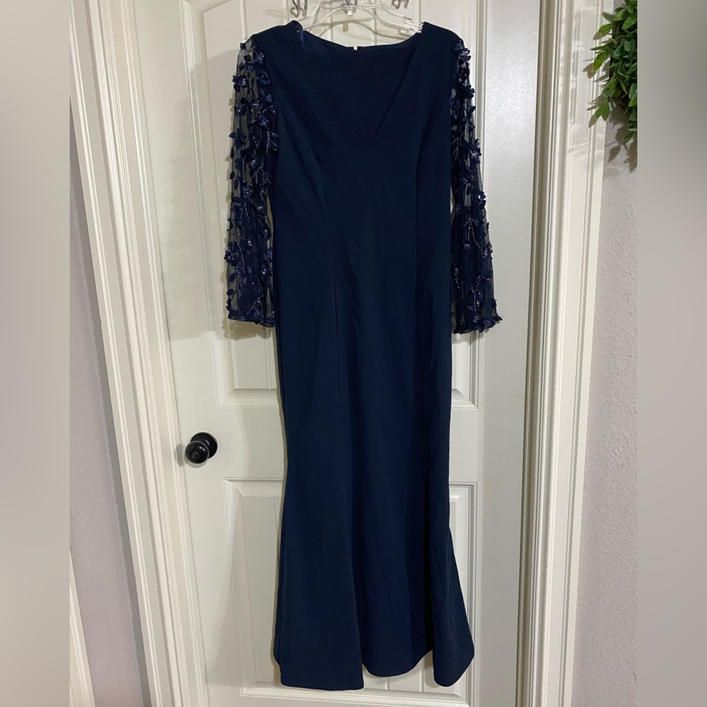 Adrianna Papell Blue V-Neck Gown with Bishop Sleeves